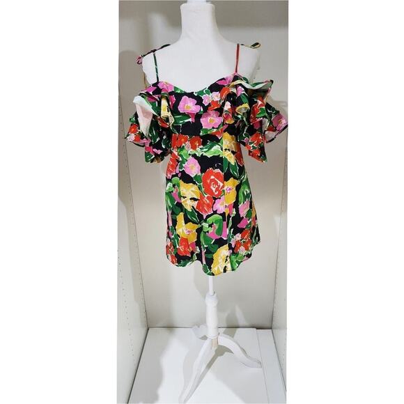 Topshop Cotton Blend Bold Floral Ruffle Bardot Mini Dress Size 2 - Picture 1 of 6